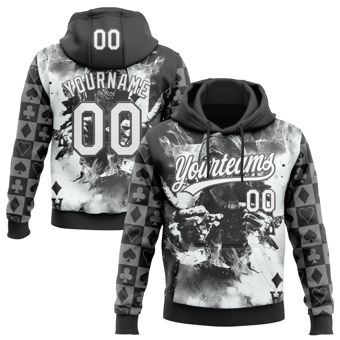 Custom Stitched Black White-Steel Gray Skull Poker Pattern Pullover Sweatshirt Hoodie