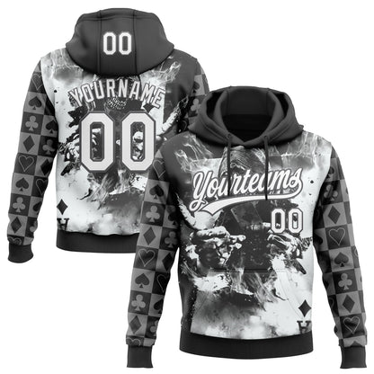 Custom Stitched Black White-Steel Gray Skull Poker Pattern Pullover Sweatshirt Hoodie