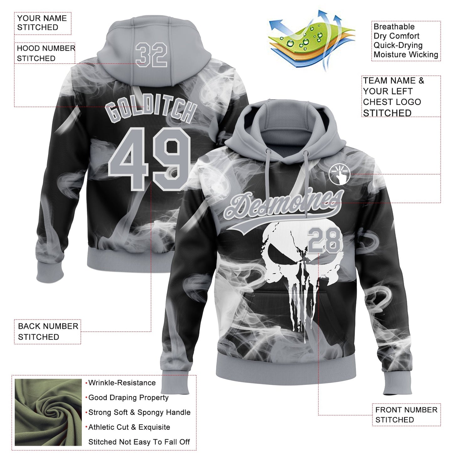 Custom Stitched Gray Black-White Skull Pattern Pullover Sweatshirt Hoodie