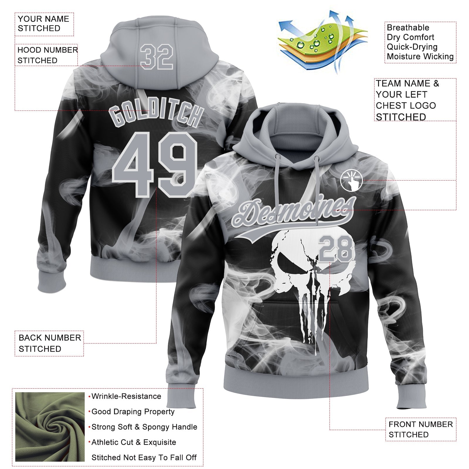 Custom Stitched Gray Black-White Skull Pattern Pullover Sweatshirt Hoodie
