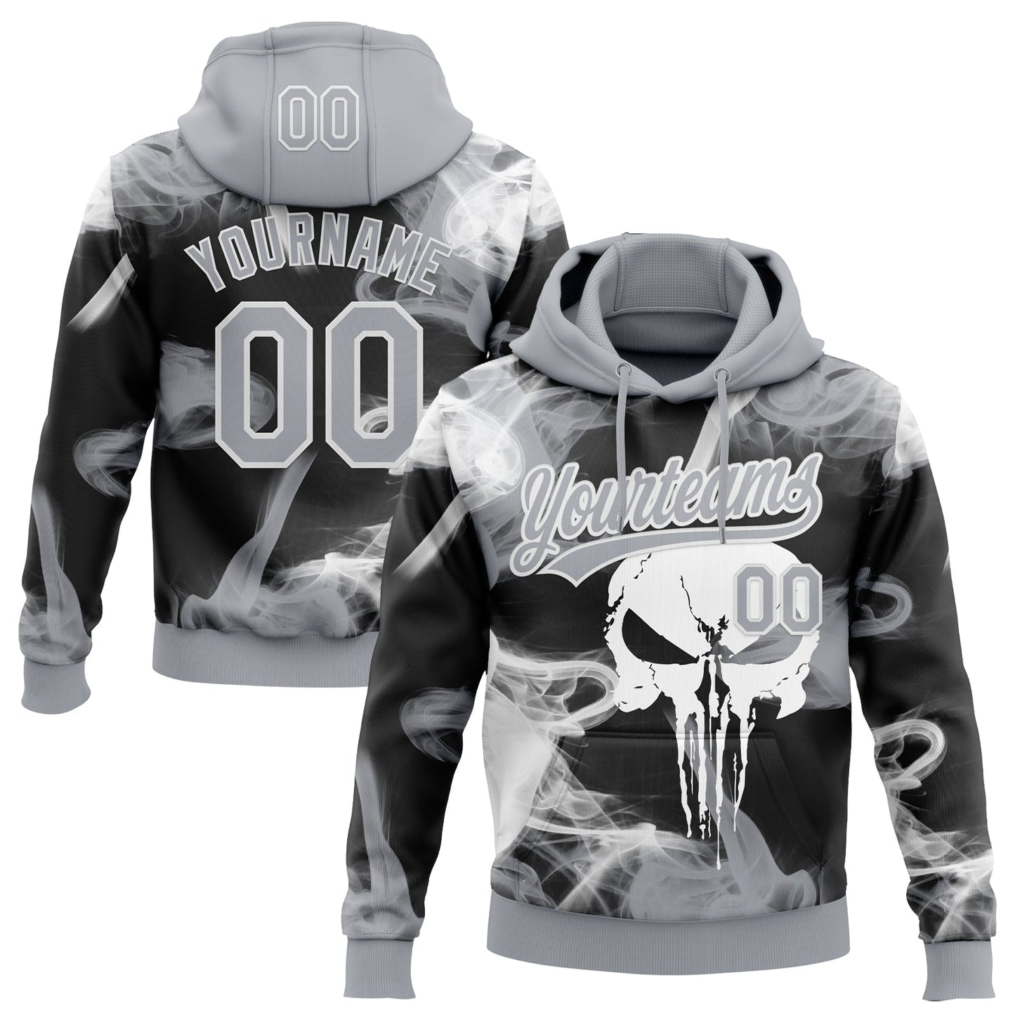 Custom Stitched Gray Black-White Skull Pattern Pullover Sweatshirt Hoodie