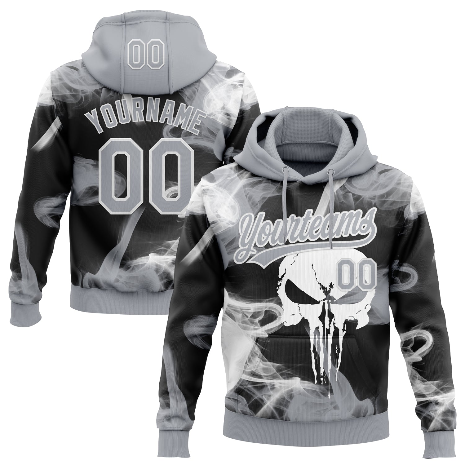Custom Stitched Gray Black-White Skull Pattern Pullover Sweatshirt Hoodie