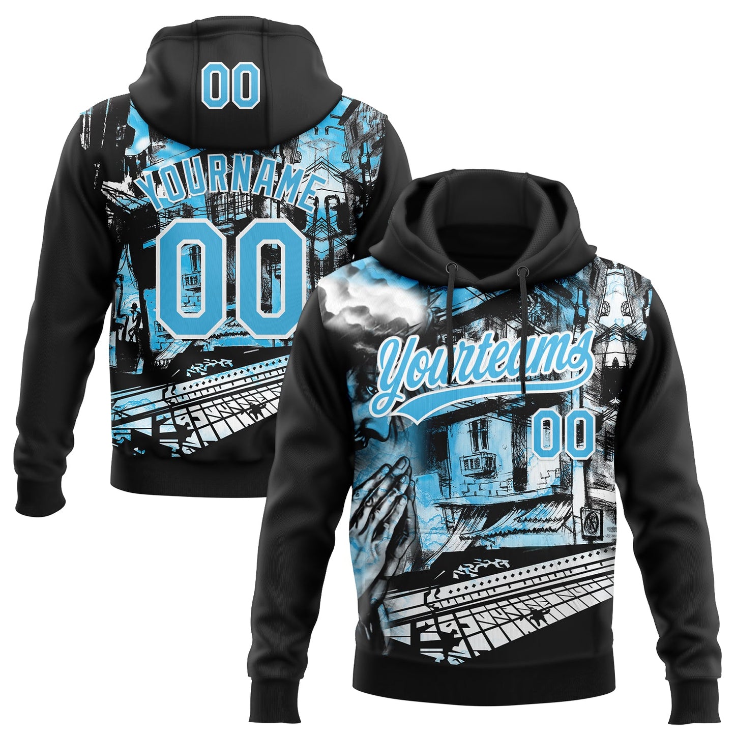 Custom Stitched Black Sky Blue-White Religion Praying Hands Pullover Sweatshirt Hoodie