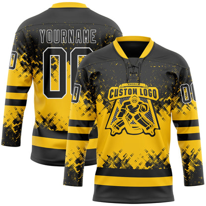 Custom Black Yellow-White Abstract Splatter Paint Hockey Lace Neck Jersey