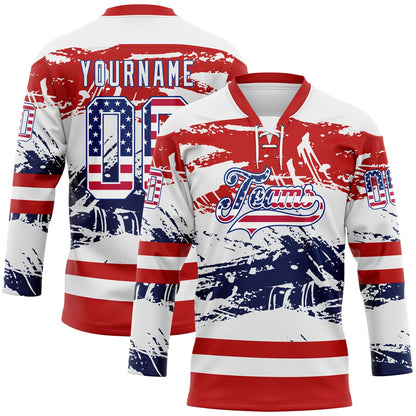 Custom White USA Flag Red-Royal Abstract Splatter Paint Hockey Lace Neck Jersey