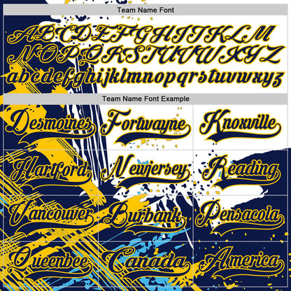 Custom White Navy-Yellow Abstract Splatter Paint Hockey Lace Neck Jersey
