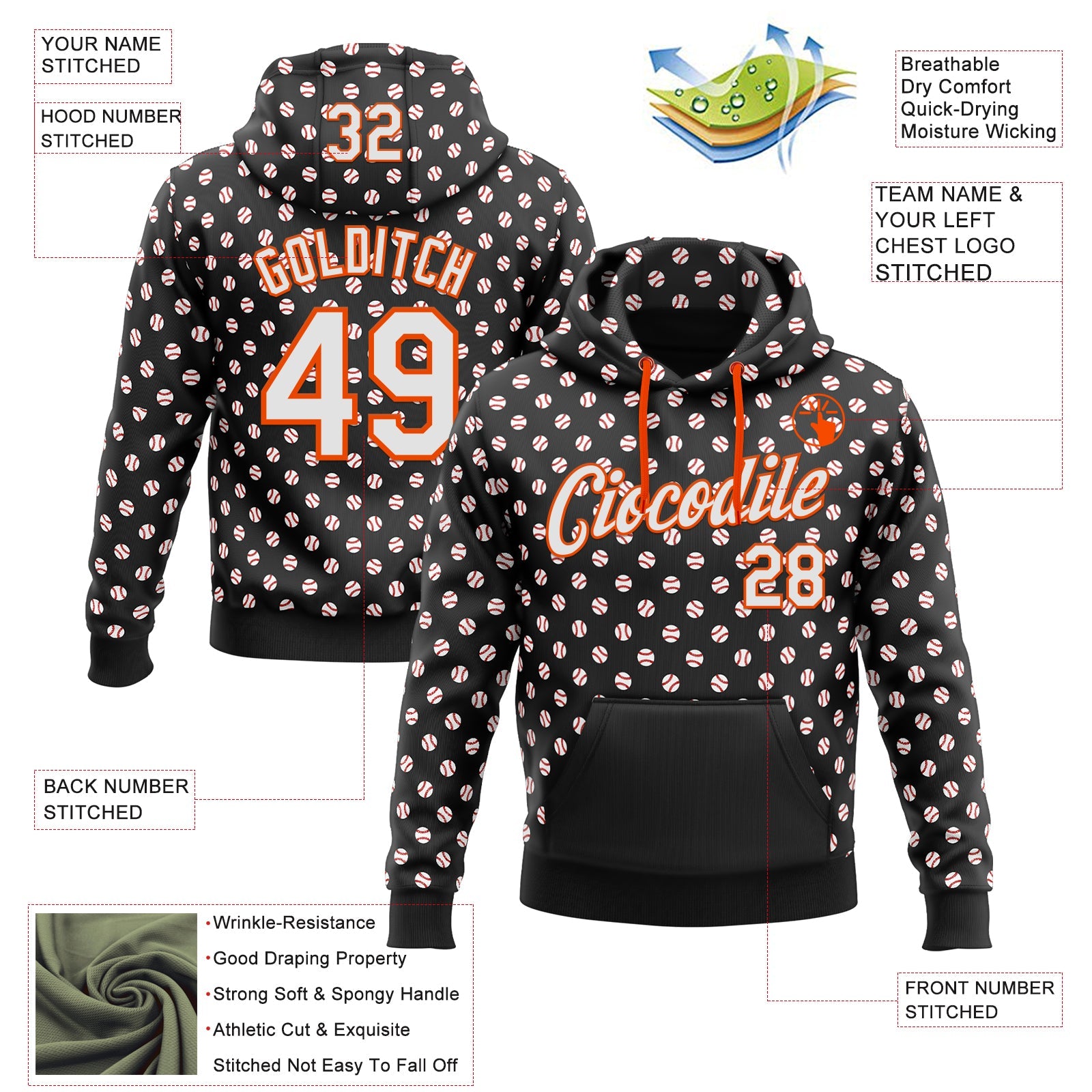 Custom Stitched Black White-Orange Baseball Game Day Cincinnati Inspired Sports Pullover Sweatshirt Hoodie