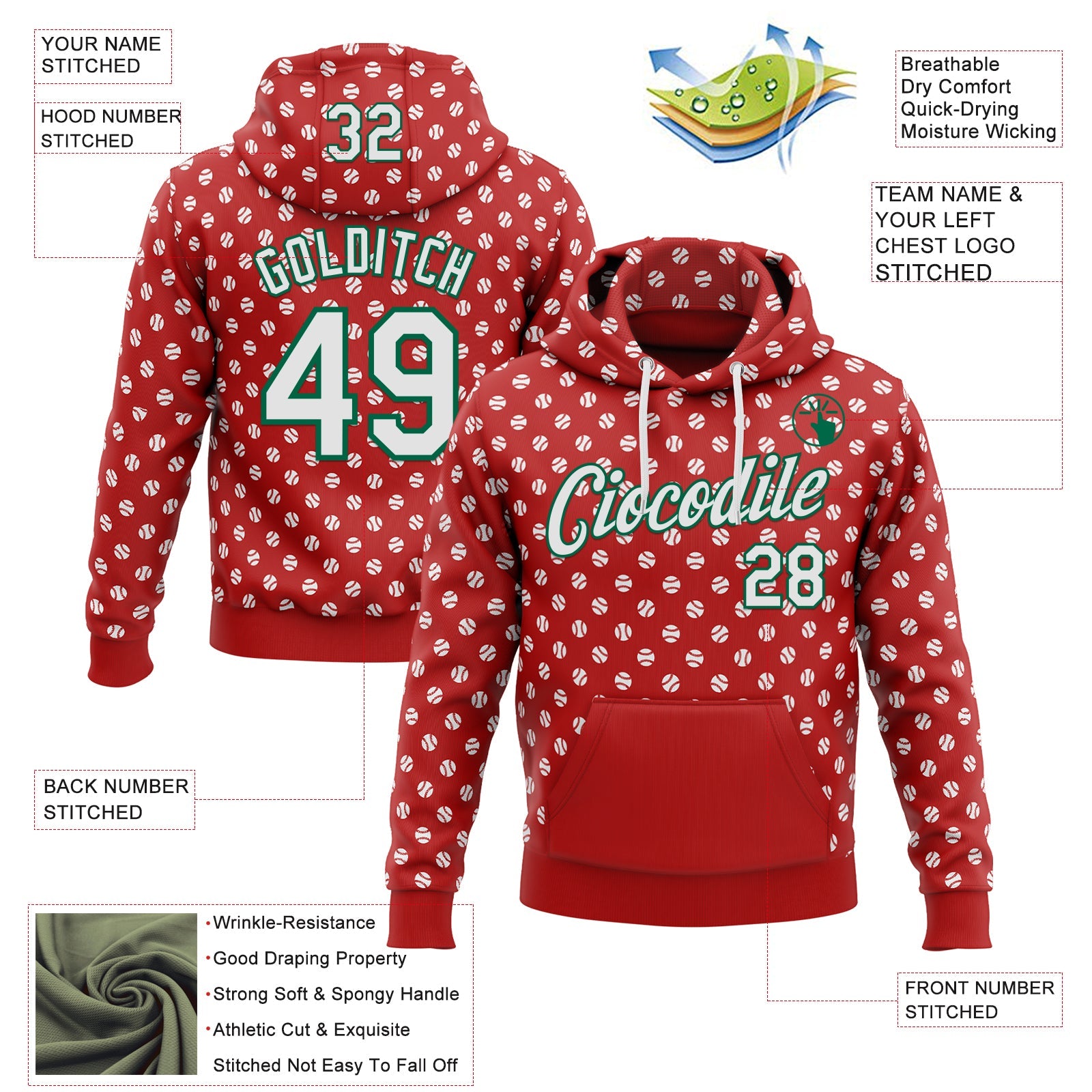 Custom Stitched Red White-Kelly Green Baseball Game Day Houston Inspired Sports Pullover Sweatshirt Hoodie