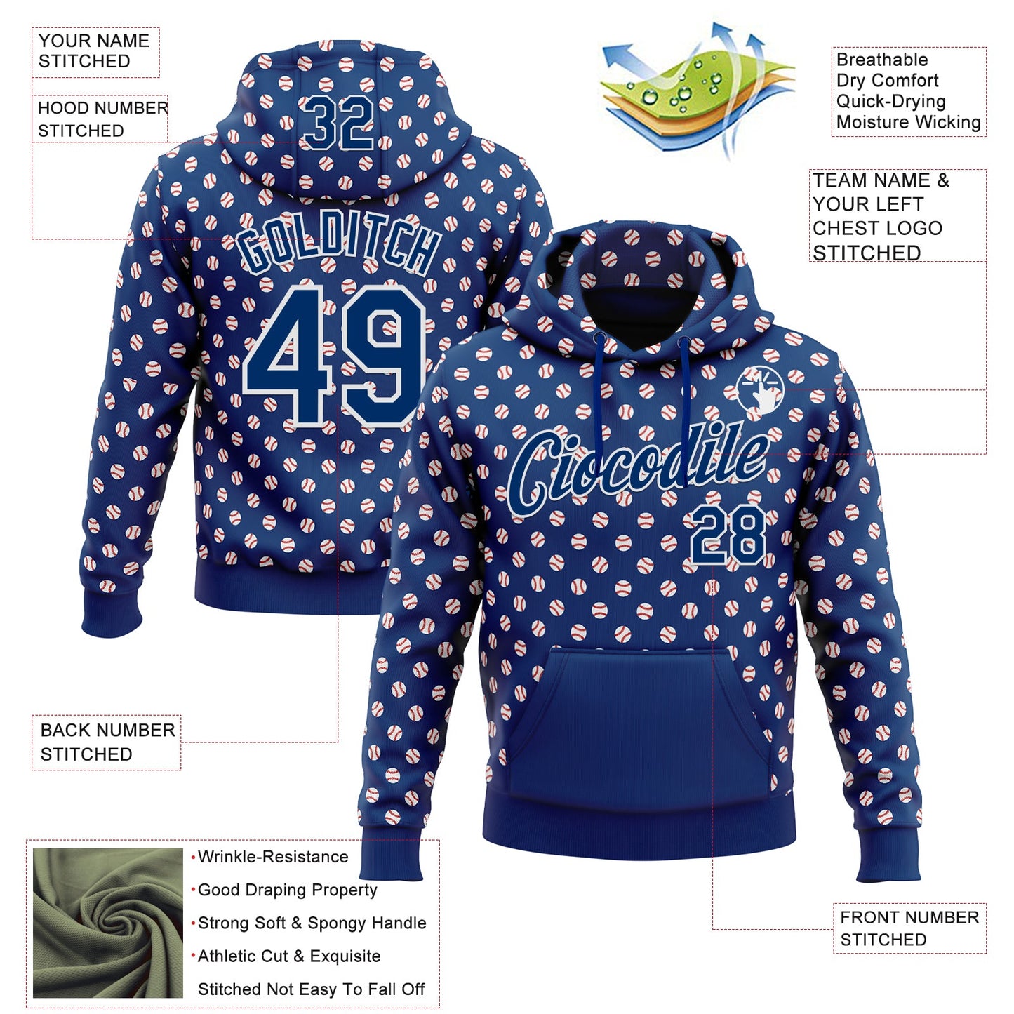 Custom Stitched US Navy Blue White Baseball Game Day Indianapolis Inspired Sports Pullover Sweatshirt Hoodie