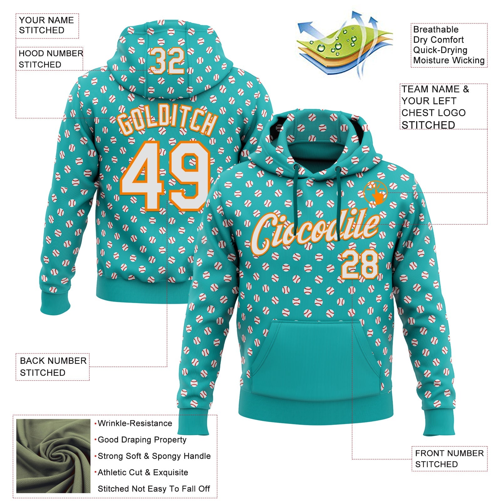 Custom Stitched Aqua White-Bay Orange Baseball Game Day Miami Inspired Sports Pullover Sweatshirt Hoodie