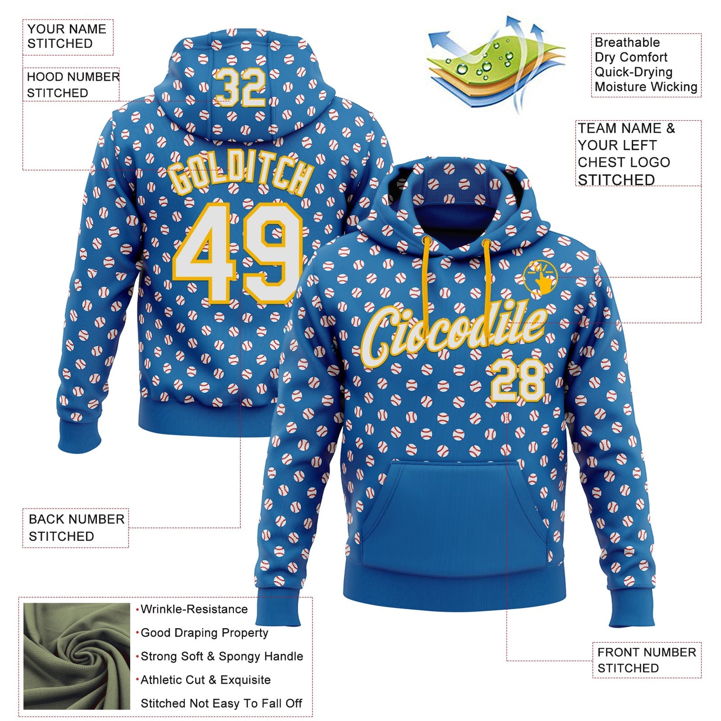 Custom Stitched Blue White-Gold Baseball Game Day Los Angeles Inspired Sports Pullover Sweatshirt Hoodie