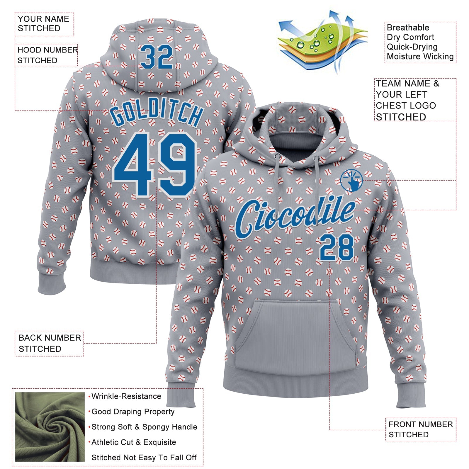 Custom Stitched Gray Blue-White Baseball Game Day Detroit Inspired Sports Pullover Sweatshirt Hoodie