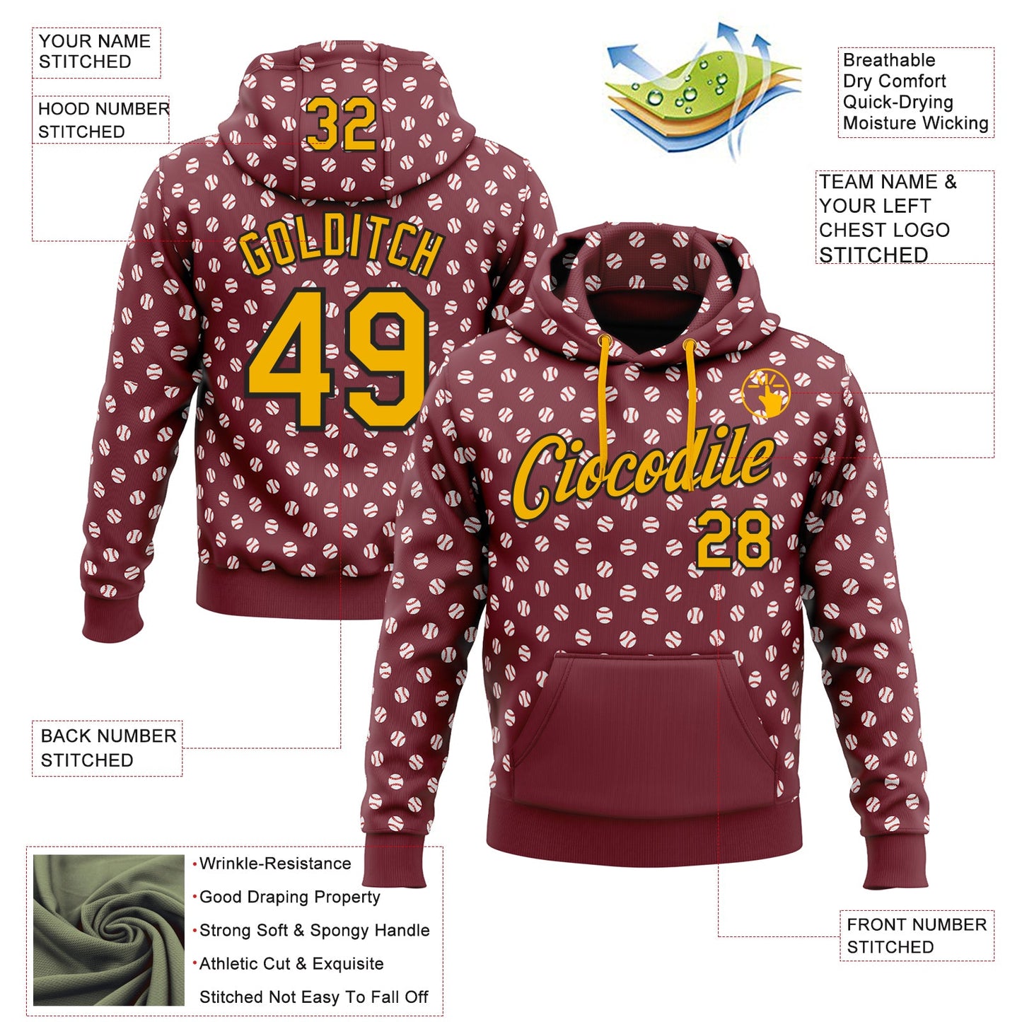 Custom Stitched Burgundy Gold-Black Baseball Game Day Washington Inspired Sports Pullover Sweatshirt Hoodie