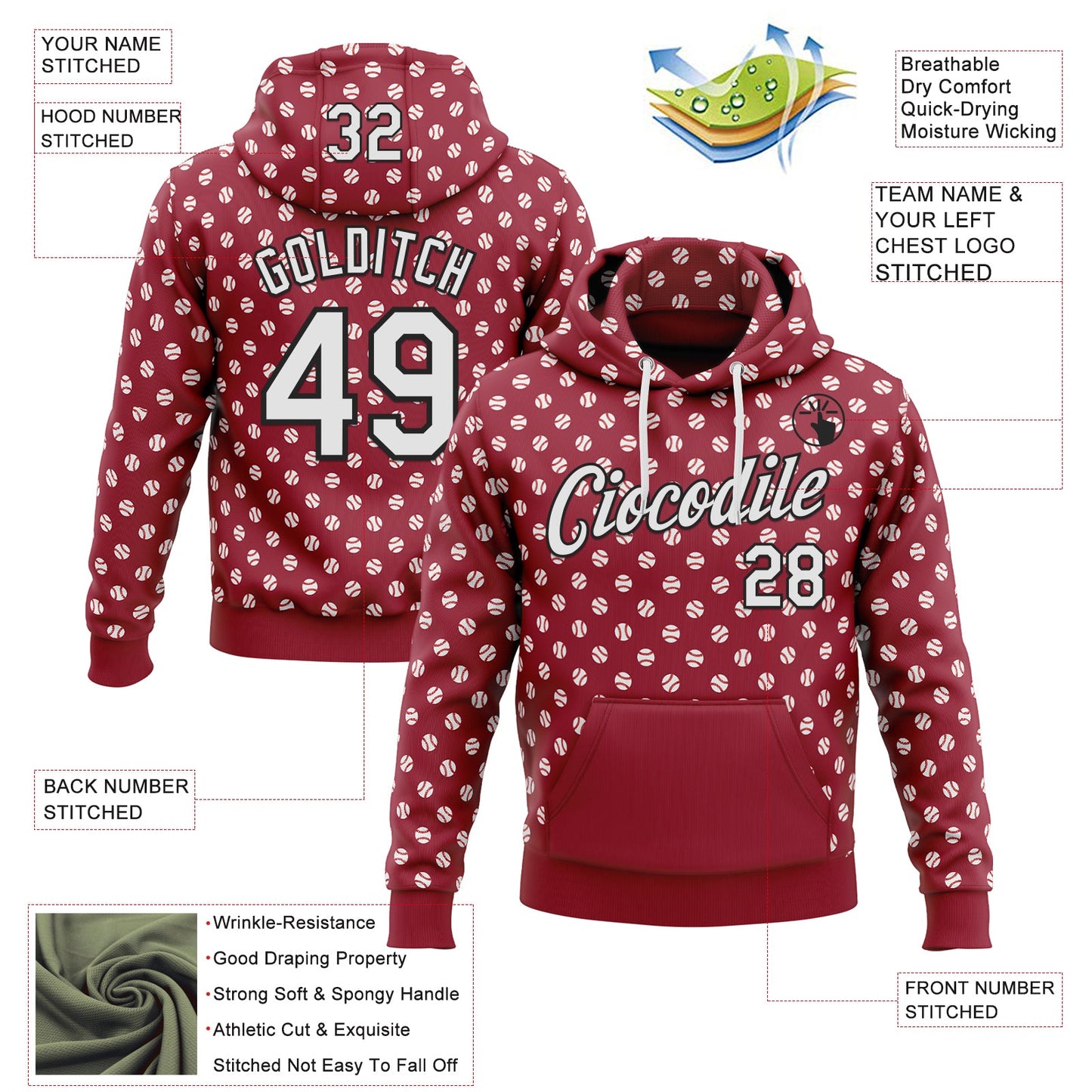 Custom Stitched Cardinal White-Black Baseball Game Day Arizona Inspired Sports Pullover Sweatshirt Hoodie