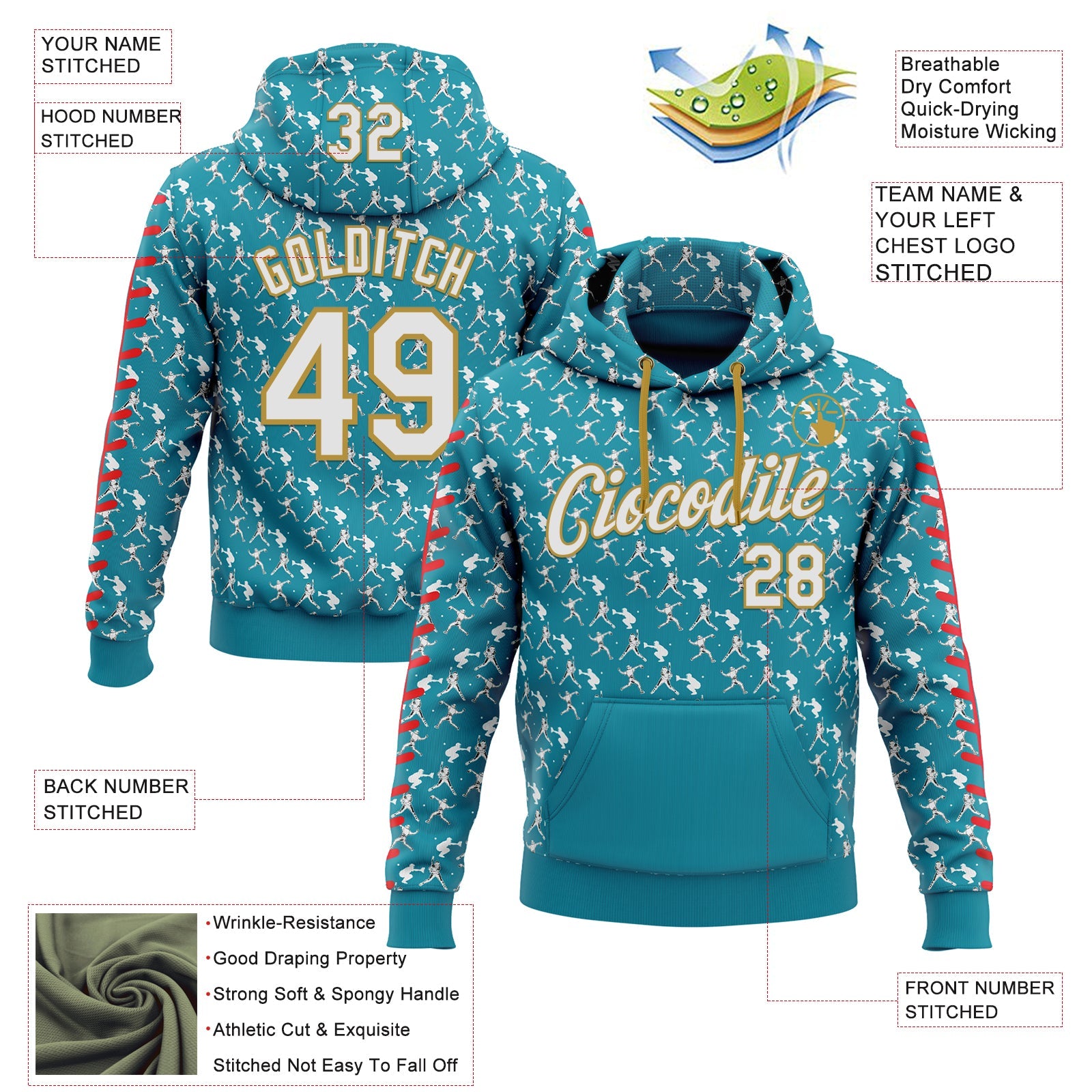 Custom Stitched Teal White Red-Old Gold Baseball Game Day Jacksonville Inspired Sports Pullover Sweatshirt Hoodie