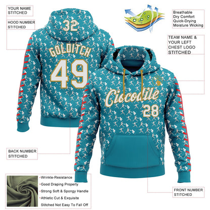 Custom Stitched Teal White Red-Old Gold Baseball Game Day Jacksonville Inspired Sports Pullover Sweatshirt Hoodie