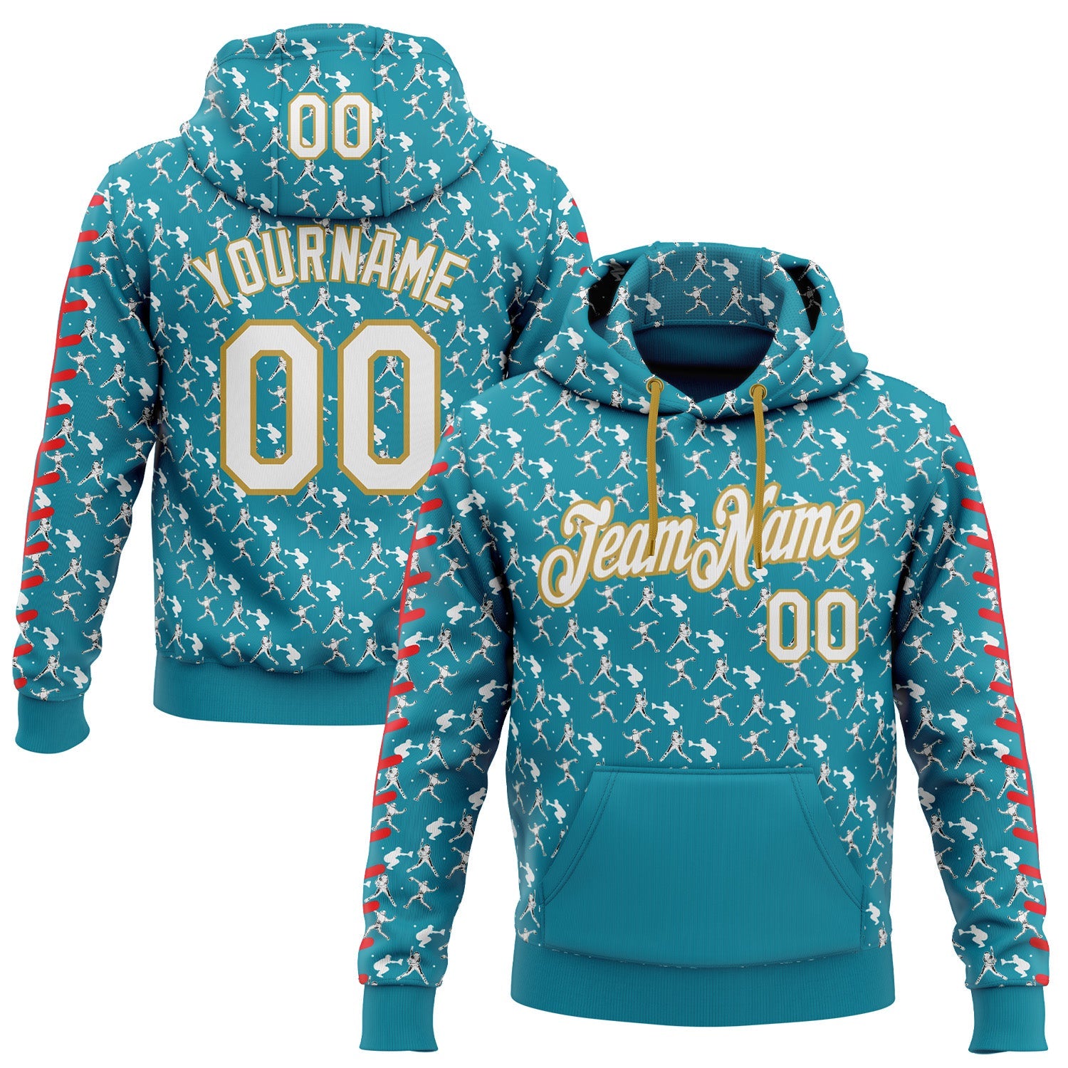 Custom Stitched Teal White Red-Old Gold Baseball Game Day Jacksonville Inspired Sports Pullover Sweatshirt Hoodie