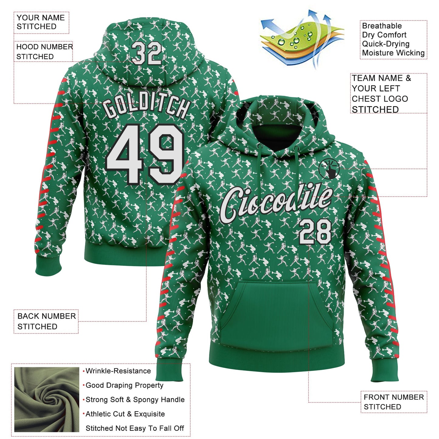Custom Stitched Kelly Green White Red-Black Baseball Game Day New York Inspired Sports Pullover Sweatshirt Hoodie