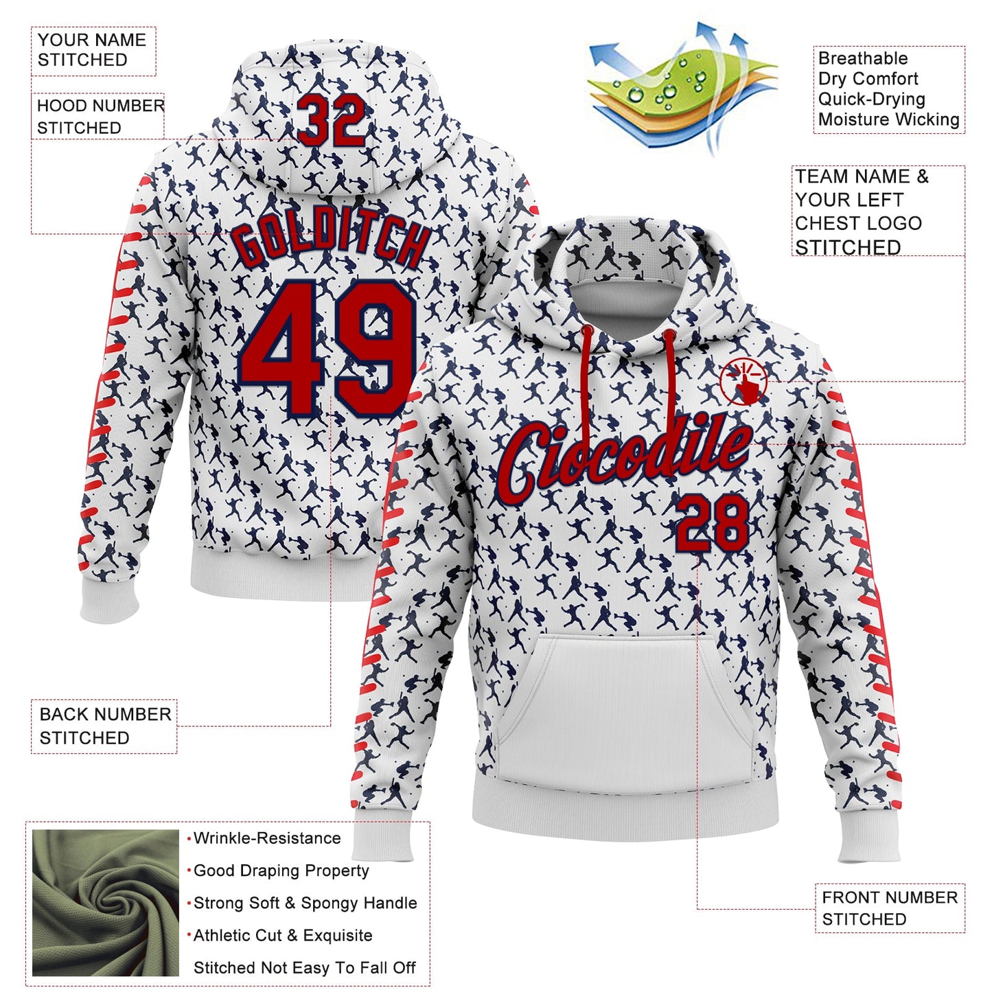 Custom Stitched White Red-Navy Baseball Game Day Houston Inspired Sports Pullover Sweatshirt Hoodie