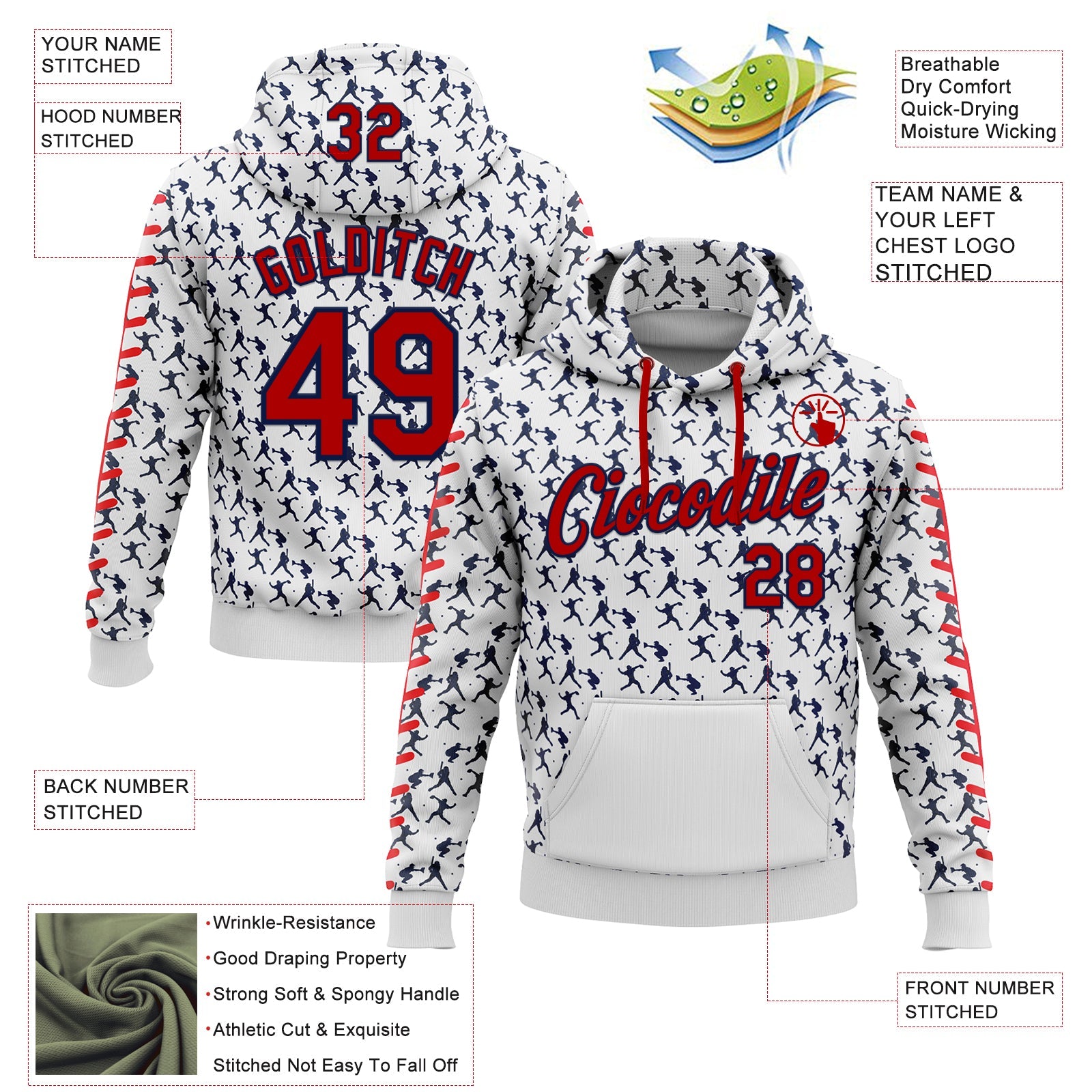 Custom Stitched White Red-Navy Baseball Game Day Houston Inspired Sports Pullover Sweatshirt Hoodie