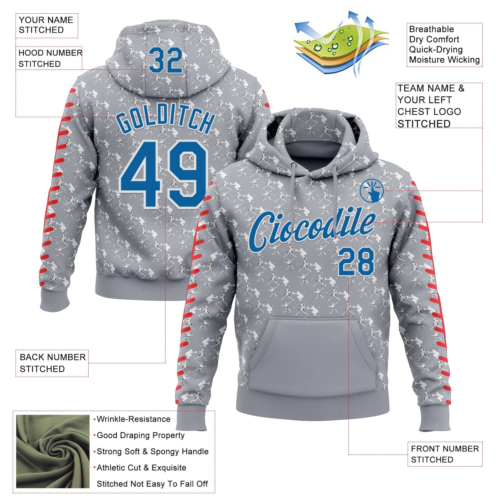 Custom Stitched Gray Blue Red-White Baseball Game Day Detroit Inspired Sports Pullover Sweatshirt Hoodie