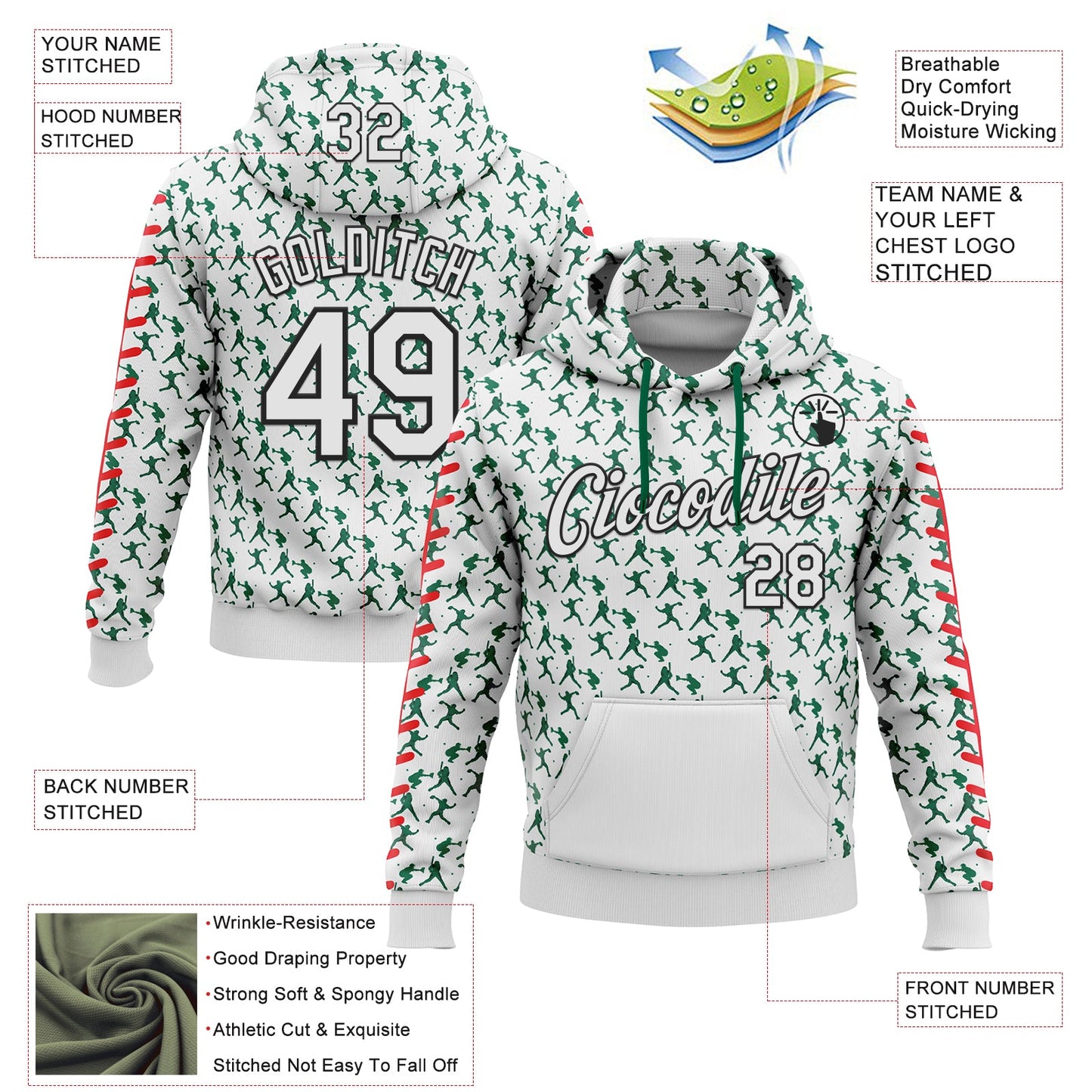 Custom Stitched White Kelly Green Red-Black Baseball Game Day New York Inspired Sports Pullover Sweatshirt Hoodie