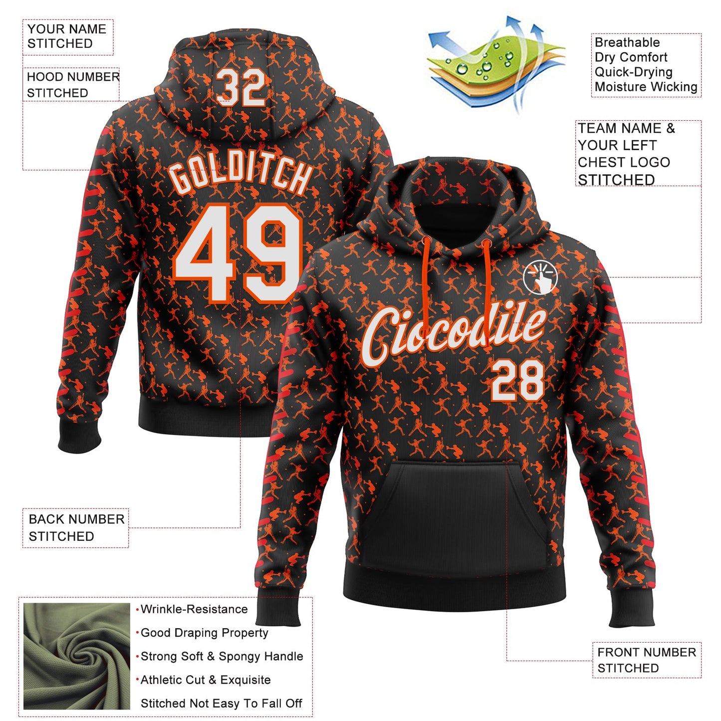 Custom Stitched Black White Orange-Red Baseball Game Day Cincinnati Inspired Sports Pullover Sweatshirt Hoodie