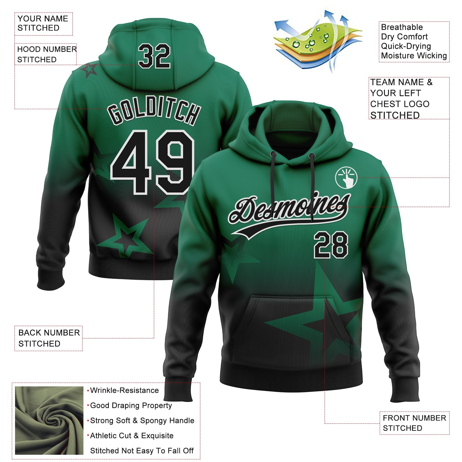 Custom Stitched Kelly Green Black-White Gradient Style Twinkle Star Sports Pullover Sweatshirt Hoodie
