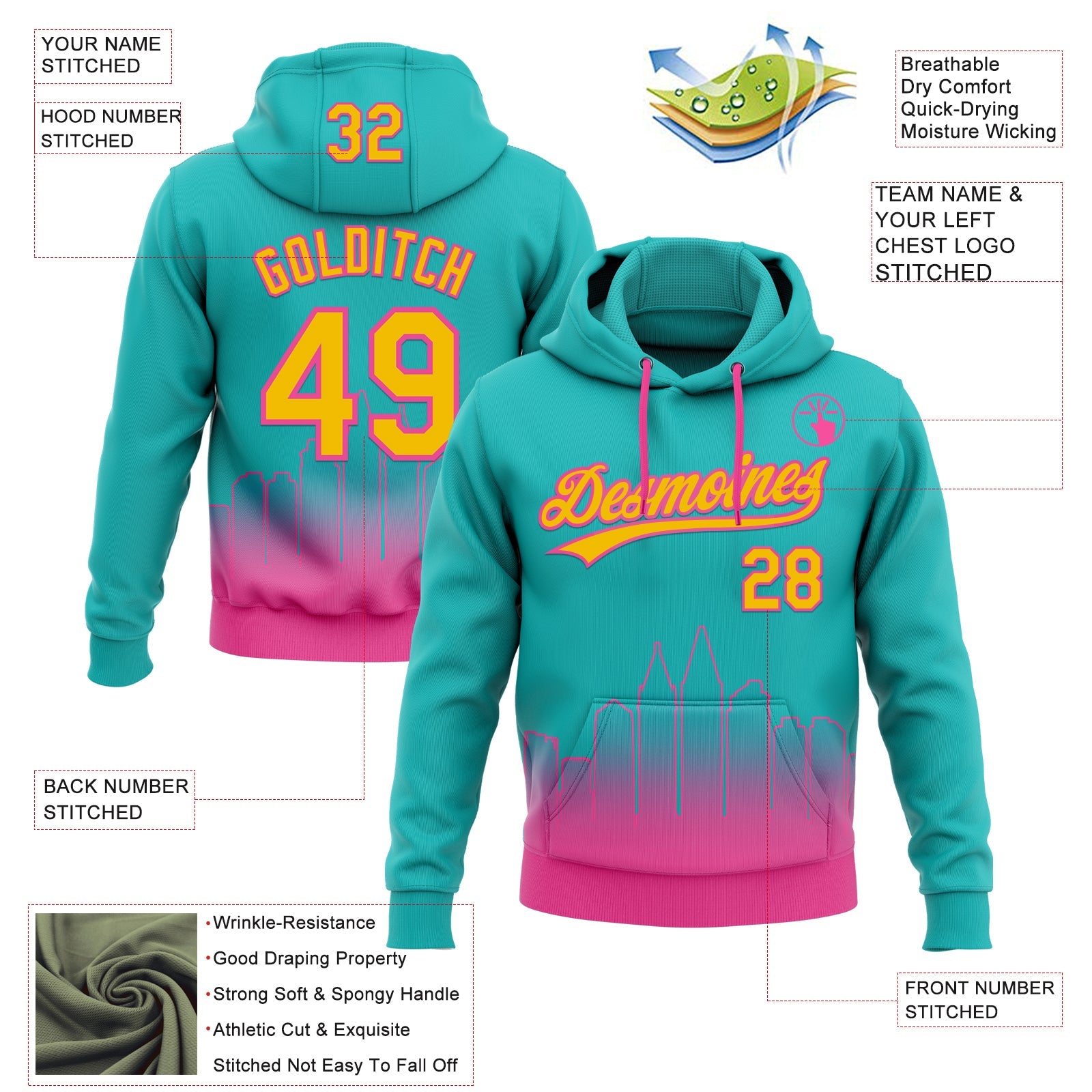 Custom Stitched Aqua Yellow-Pink Gradient Fashion San Diego City Edition Sports Pullover Sweatshirt Hoodie