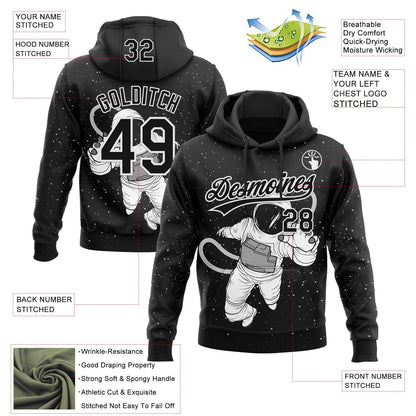 Custom Stitched Black White Astronaut Sports Pullover Sweatshirt Hoodie