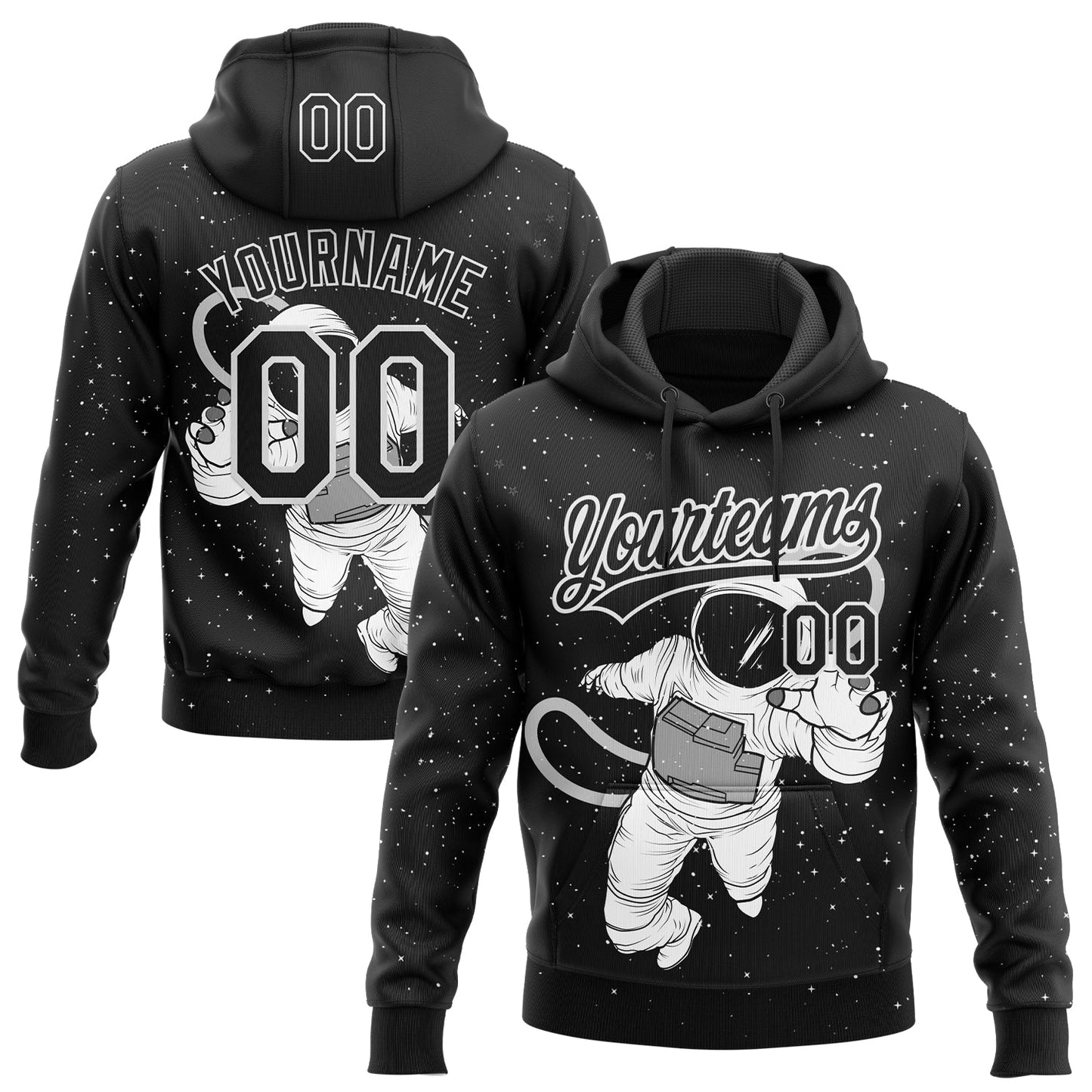 Custom Stitched Black White Astronaut Sports Pullover Sweatshirt Hoodie