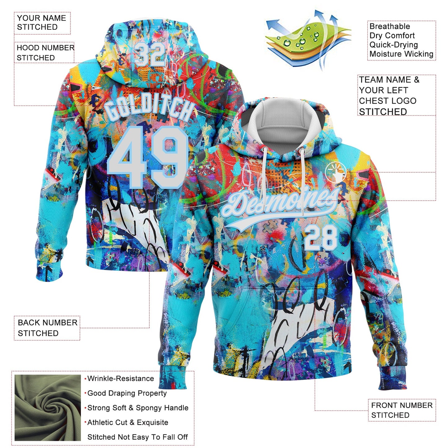 Custom Stitched Graffiti Pattern White-Light Blue Abstract Splash Sports Pullover Sweatshirt Hoodie