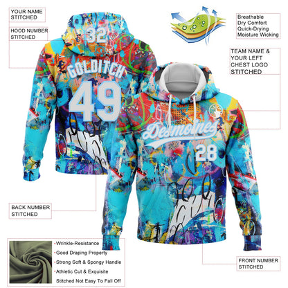 Custom Stitched Graffiti Pattern White-Light Blue Abstract Splash Sports Pullover Sweatshirt Hoodie