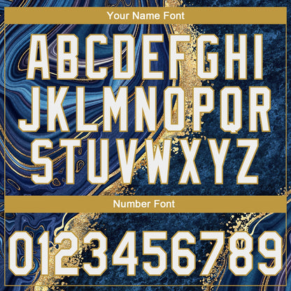 Custom Stitched Navy White-Old Gold Abstract Marble Sports Pullover Sweatshirt Hoodie