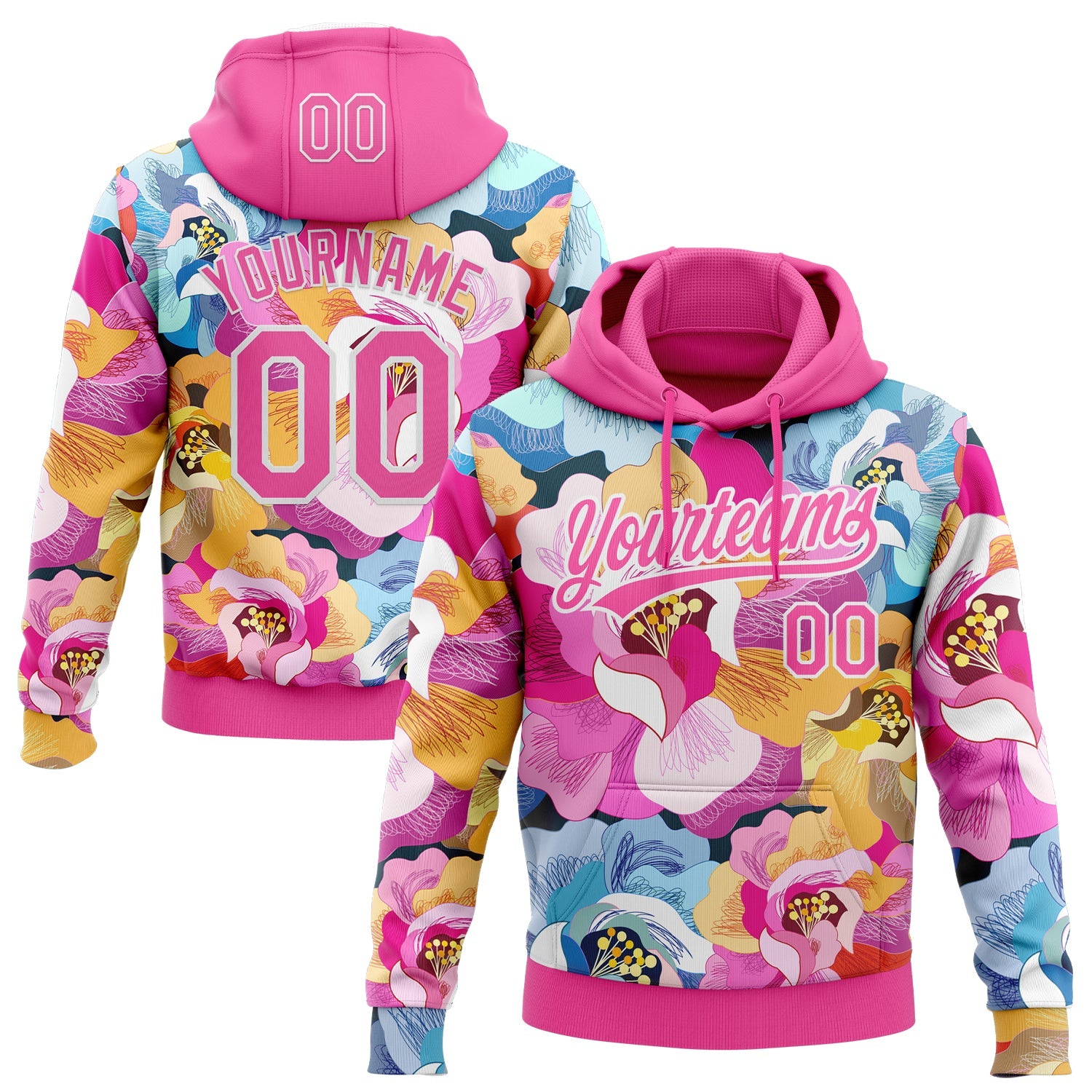 Custom Stitched Pink White Flowers Sports Pullover Sweatshirt Hoodie