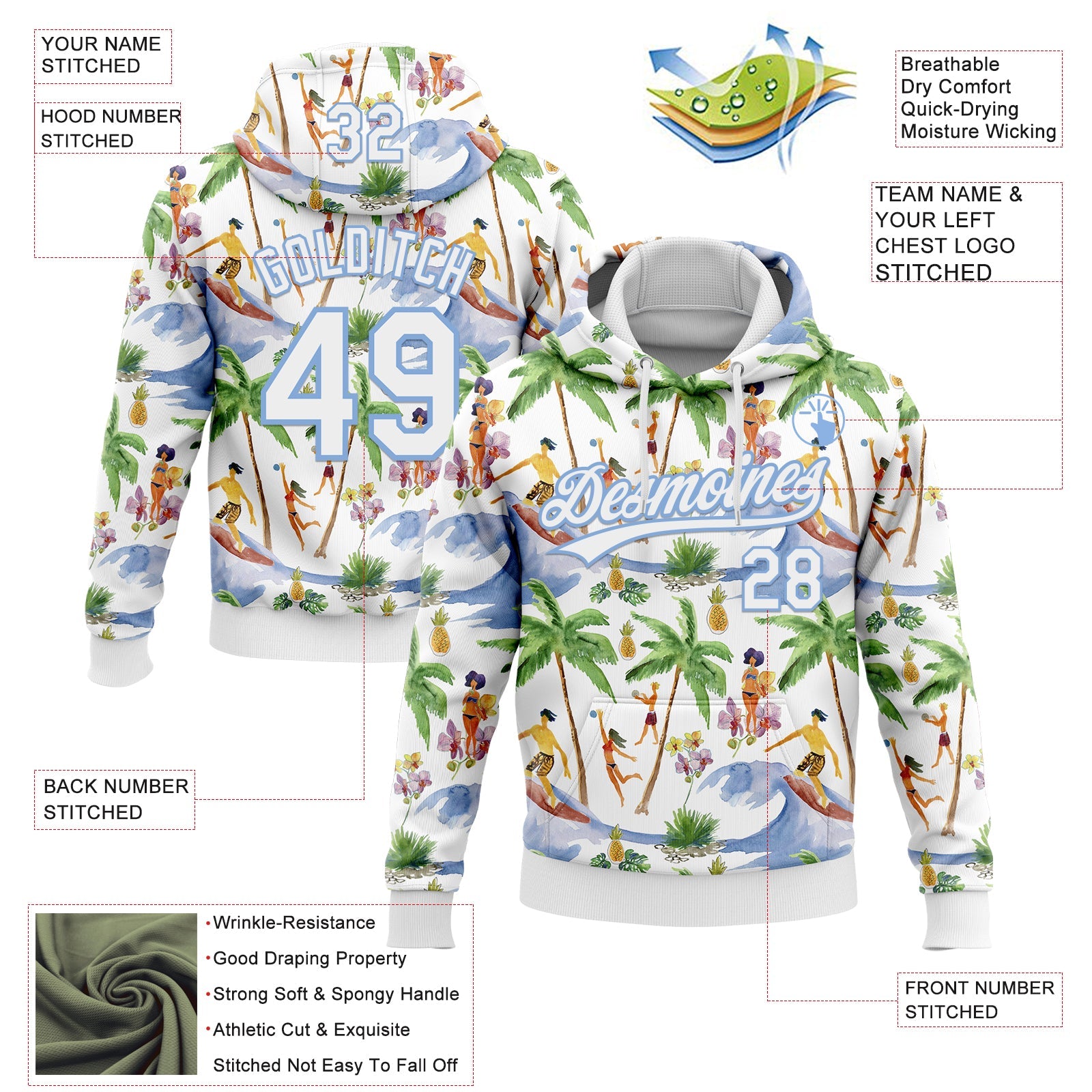 Custom Stitched White Light Blue Hawaii Palm Trees Sports Pullover Sweatshirt Hoodie