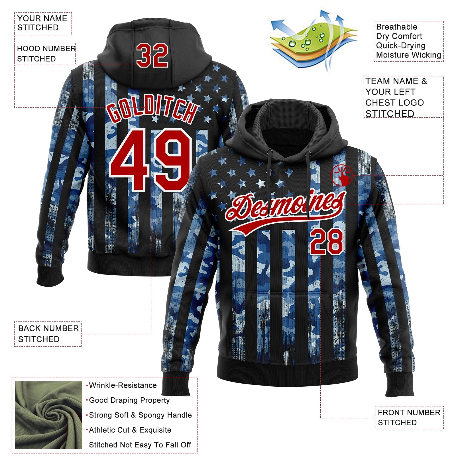 Custom Stitched Camo Red Black-White Salute To Service American Flag Sports Pullover Sweatshirt Hoodie