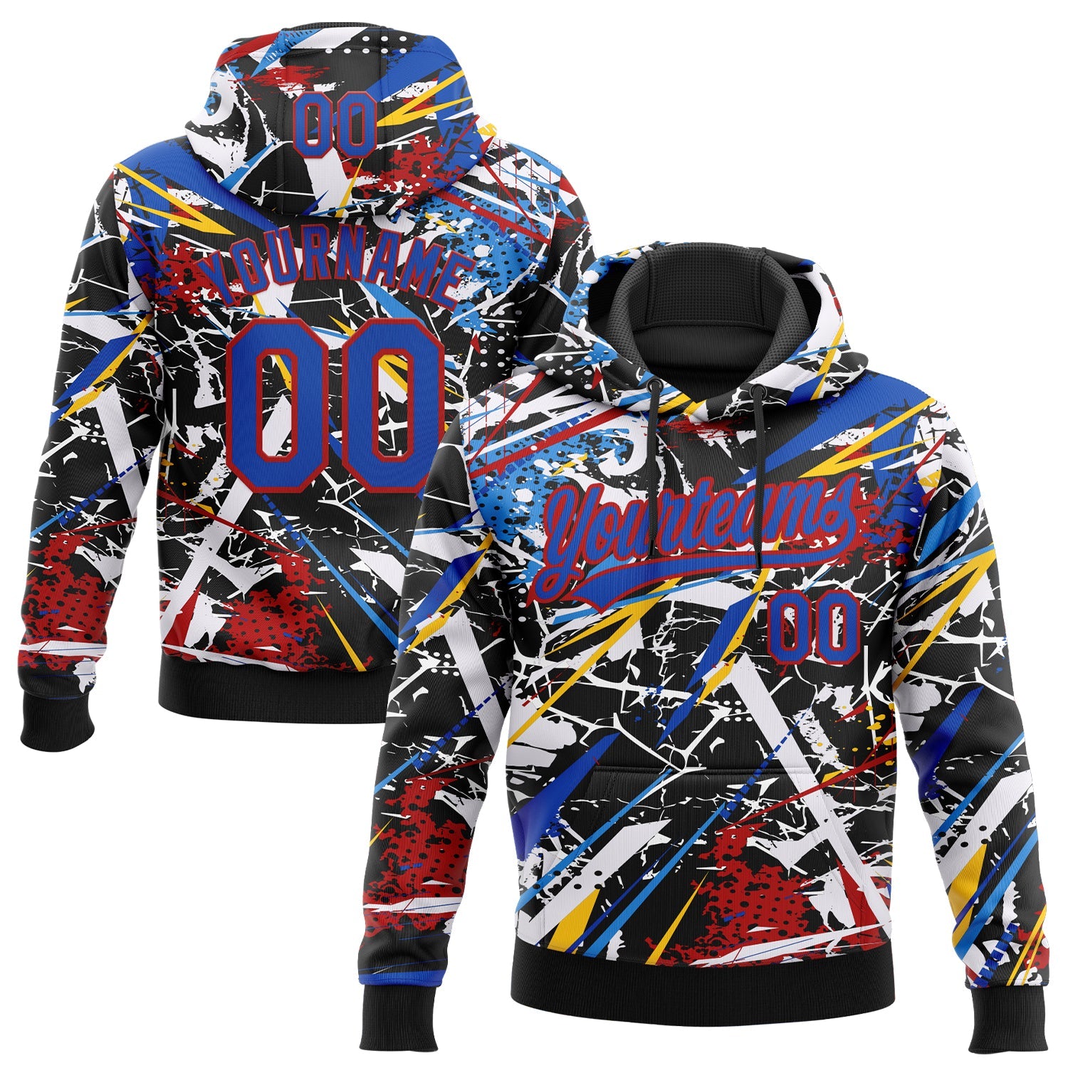 Custom Stitched Graffiti Pattern Thunder Blue-Red Abstract Splatter Sports Pullover Sweatshirt Hoodie