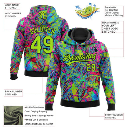 Custom Stitched Graffiti Pattern Neon Green-Black Abstract Splatter Sports Pullover Sweatshirt Hoodie