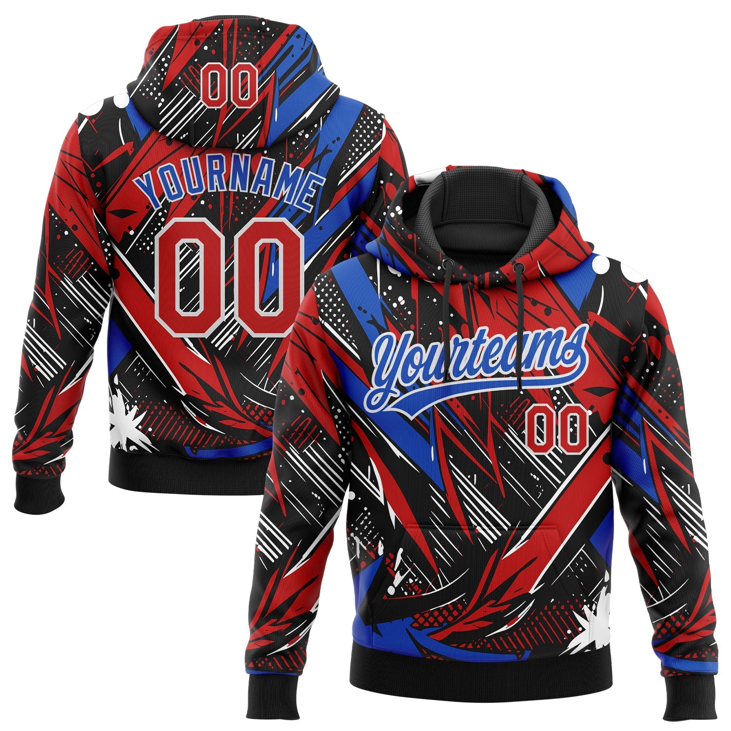 Custom Stitched Graffiti Pattern Red Thunder Blue-White Abstract Splatter Sports Pullover Sweatshirt Hoodie