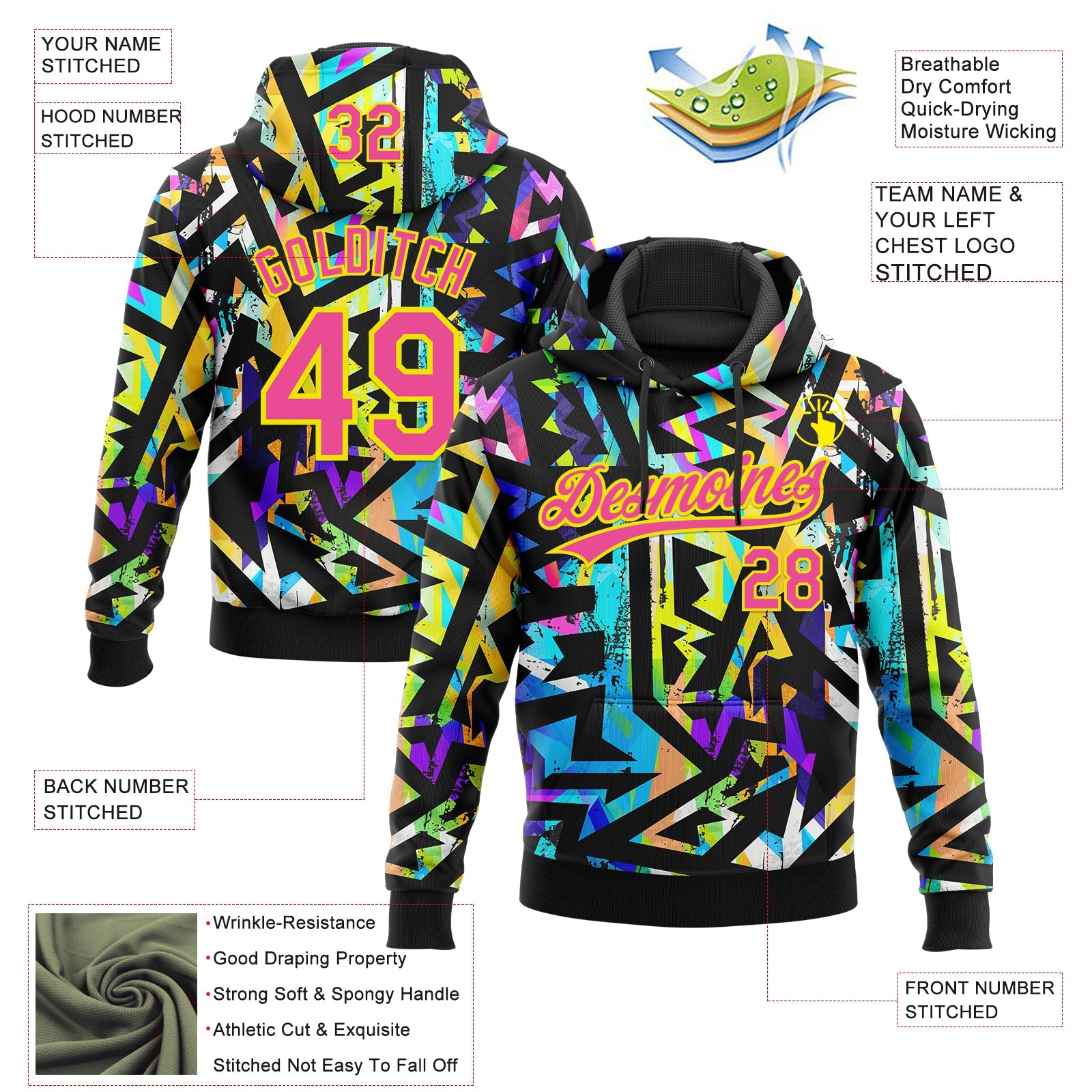 Custom Stitched Graffiti Pattern Pink-Lakes Blue Abstract Geometric Sports Pullover Sweatshirt Hoodie