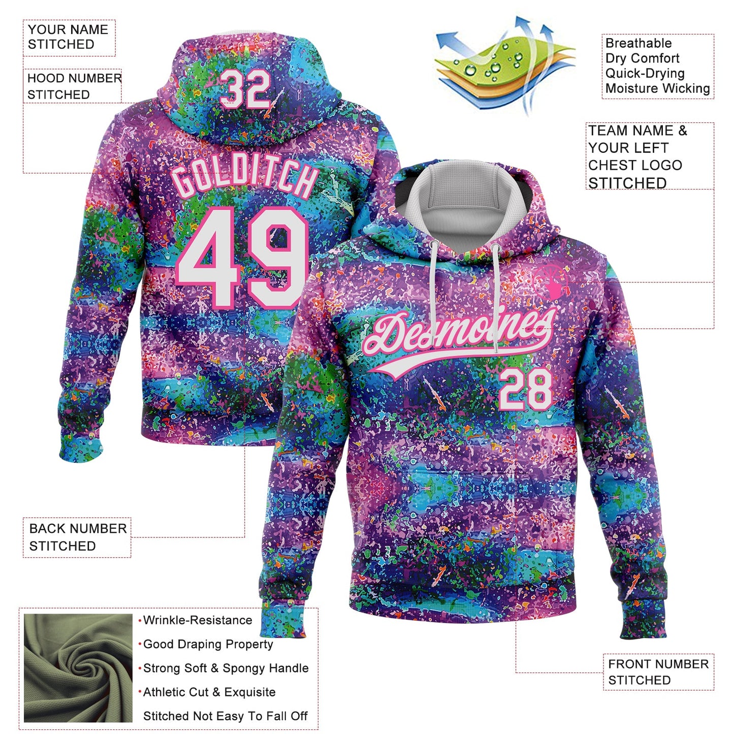 Custom Stitched Graffiti Pattern White-Pink Abstract Splatter Sports Pullover Sweatshirt Hoodie