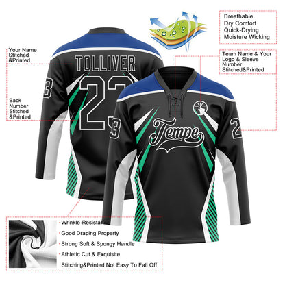 Custom Black Royal Green-White Abstract Pattern Graphic Cyber Mecha E-sport Hockey Lace Neck Jersey