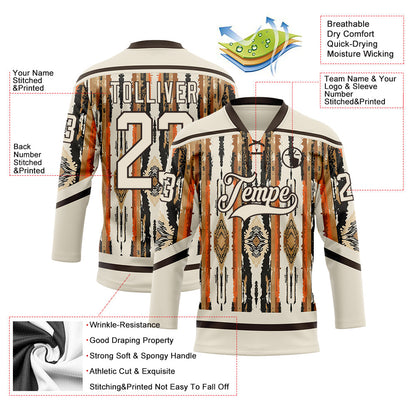 Custom Cream Brown Orange-Black Tribal Indigenous Grunge Splash Hockey Lace Neck Jersey