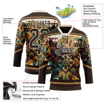 Custom Brown Old Gold-Cream Tribal Indigenous Grunge Geometric Splash Hockey Lace Neck Jersey