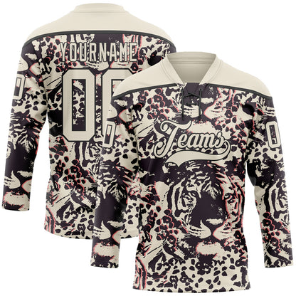 Custom Cream Black-Pink Tiger Print Hockey Lace Neck Jersey