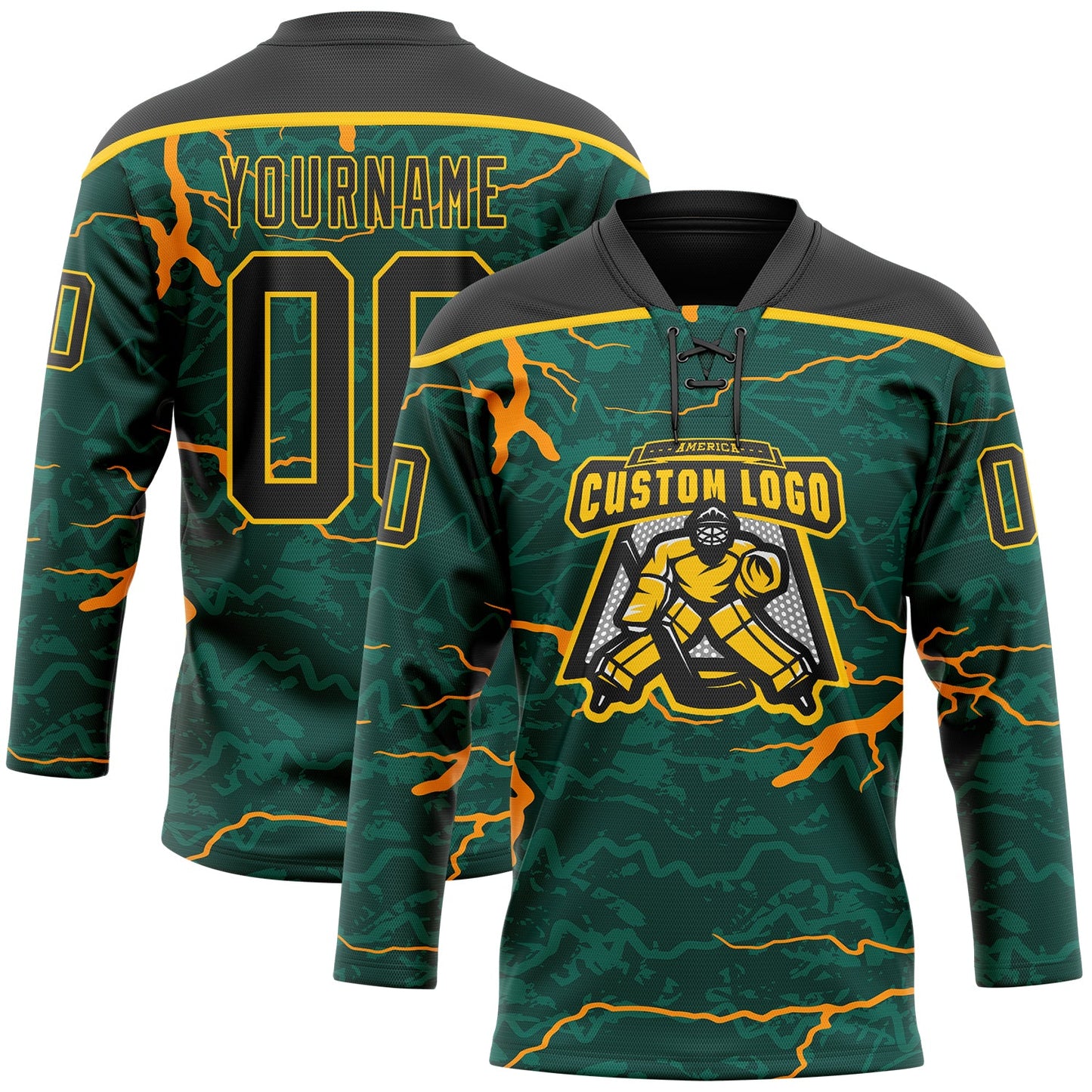 Custom Green Black Orange-Yellow Lightning Hockey Lace Neck Jersey