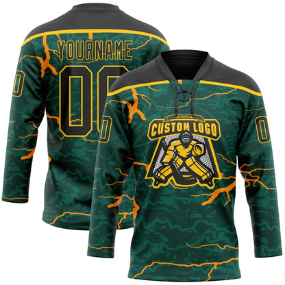 Custom Green Black Orange-Yellow Lightning Hockey Lace Neck Jersey