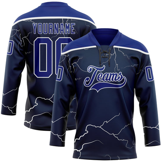 Custom Navy Royal-White Lightning Hockey Lace Neck Jersey