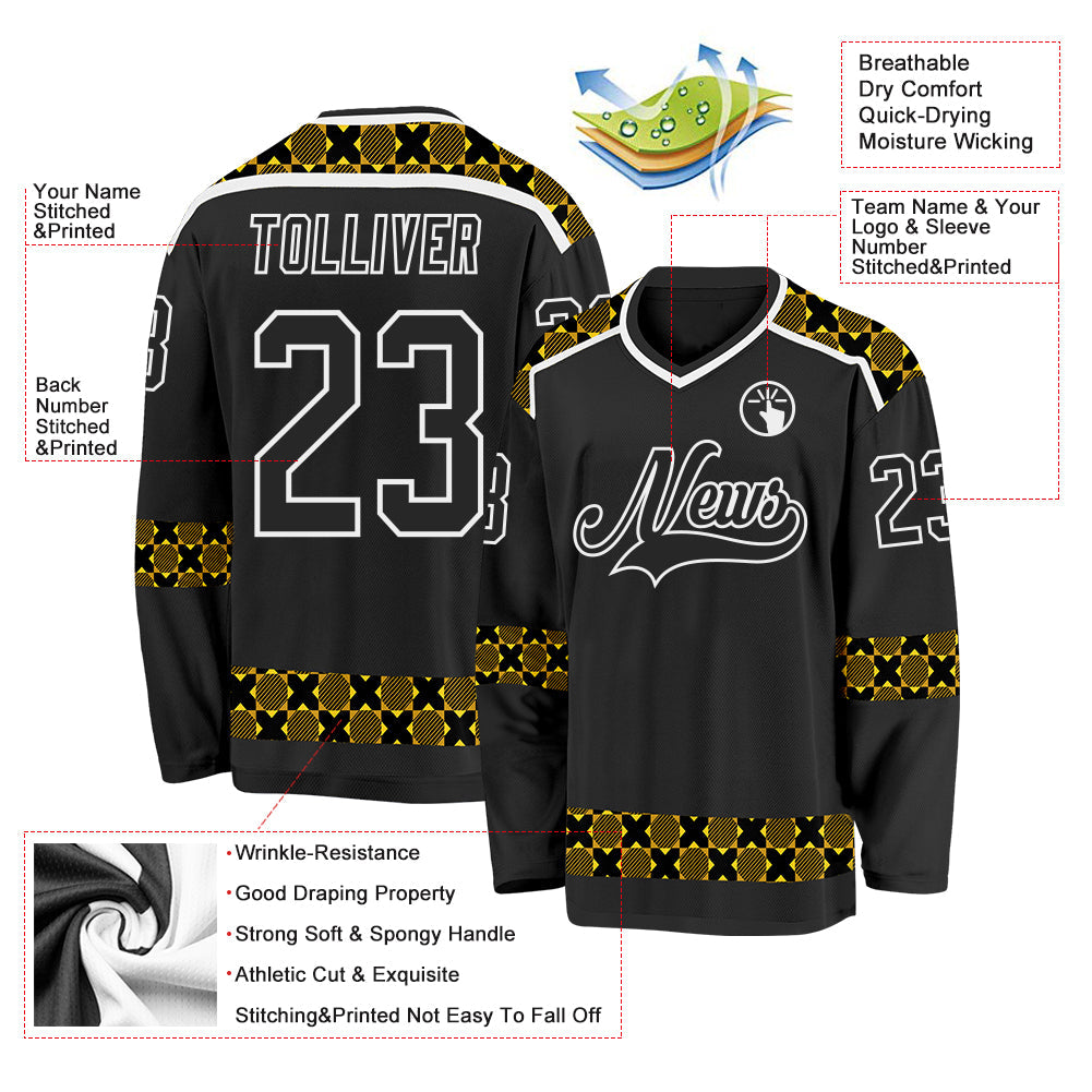 Custom Black Yellow-White Plaid Hockey Jersey